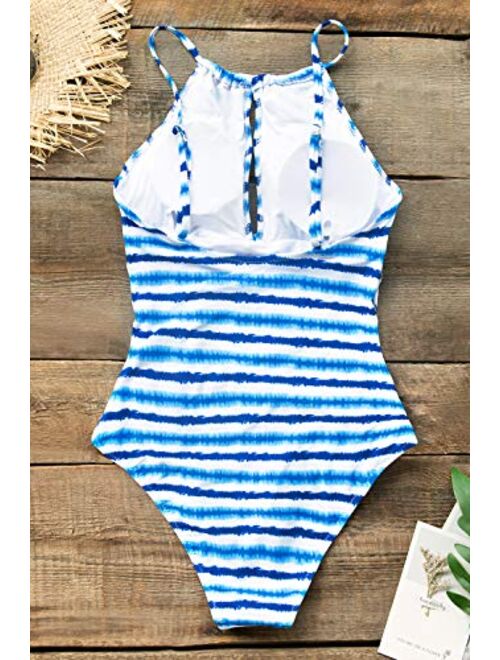 CUPSHE Women's Blue Watercolor Stripe Print Lined One Piece Swimsuit