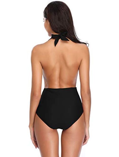 SHEKINI Women's Monokini Swimwear Deep V-Neck Plunge Backless High Waisted One Piece Swimsuit