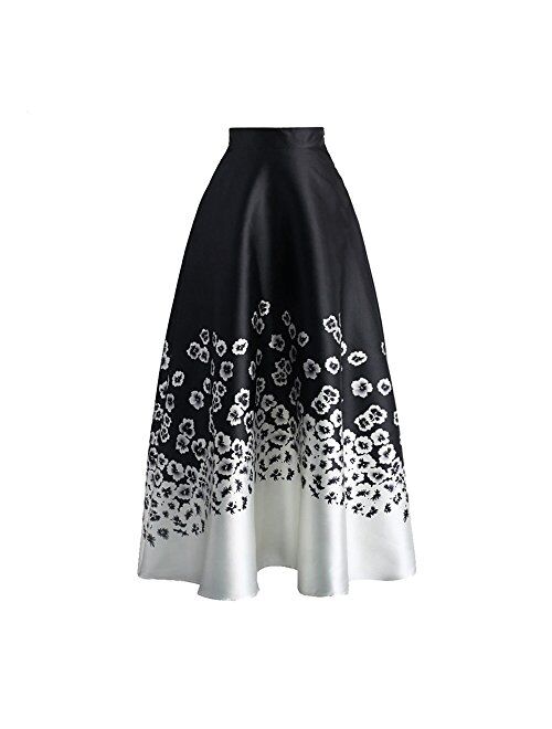 Eiffel Women's Flower Print Colorblock High Waist A-line Swing Maxi Skirt Dress