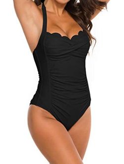 B2prity Womens One Piece Swimsuit Tummy Control Bathing Suit Halter Neck Ruched Swimwear