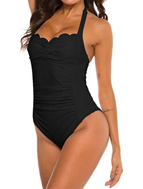B2prity Womens One Piece Swimsuit Tummy Control Bathing Suit Halter Neck Ruched Swimwear