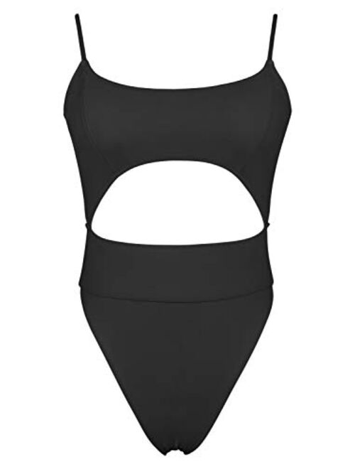 QINSEN Womens Scoop Neck Cutout Front Ruffle Back High Cut Monokini One Piece Swimsuit