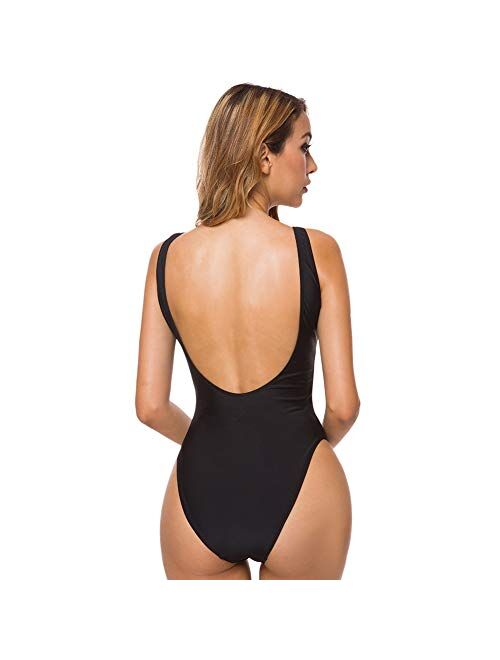 SARA SWIM Women's Scoop Neck Cheeky High Cut One Piece Swimsuit Bathing Suit Swimwear