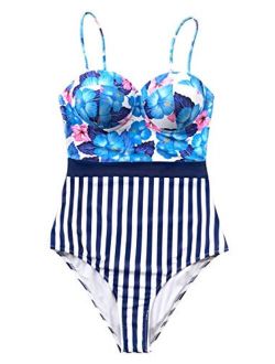 Women's Vivid Floral and Stripe One Piece Swimsuit