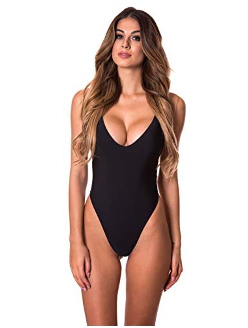 RELLECIGA Women's High Cut Low Back One Piece Swimwear Bathing Suits