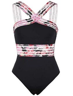 coastal rose Women's One Piece Swimsuit Crisscross Halter Bathing Suit High Waisted Monokini Swimwear