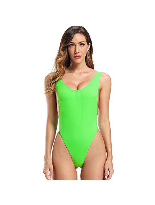 Dixperfect 90s Trend One Piece Swimsuit Low Cut Sides Wide Straps High Legs for Women