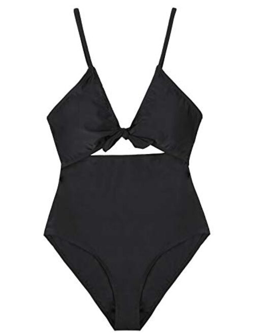 Lemonfish Monokini Swimsuits for Women Deep V Spaghetti Straps Tie Back Cross Cutout Cheeky One Piece Bathing Suit