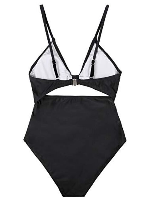 Lemonfish Monokini Swimsuits for Women Deep V Spaghetti Straps Tie Back Cross Cutout Cheeky One Piece Bathing Suit