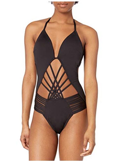Kenneth Cole New York Womens Strappy Cut Out Halter One Piece Swimsuit