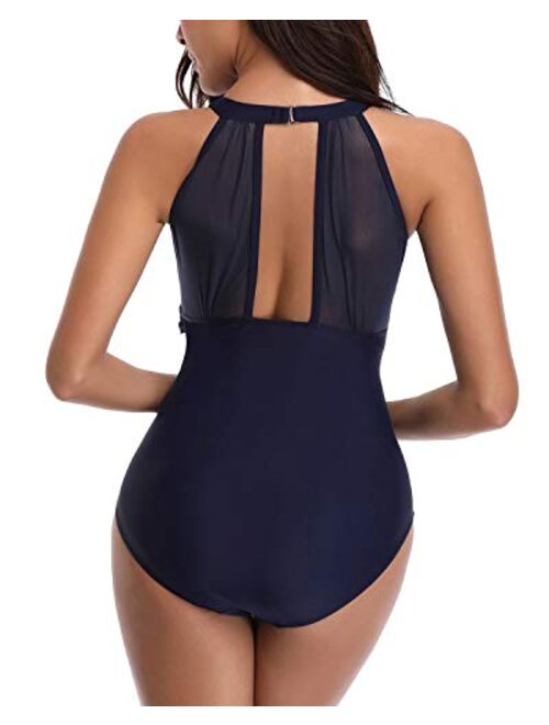 SouqFone Womens One Piece Swimsuits for Women Tummy Control Swimwear High Neck Mesh V Neck Ruched Monokini Bathing Suits