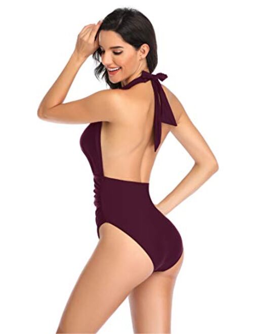 Holipick Women Tummy Control One Piece Swimsuit Halter V Neck Striped Bathing Suit