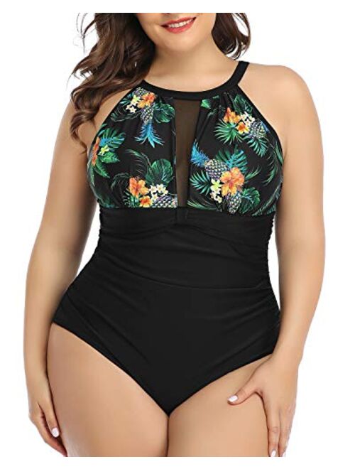 Aqua Eve Women Plus Size One Piece Bathing Suits Ruched Tummy Control Swimsuit High Neck Mesh Swimwear