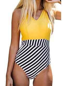 Women's Yellow V Neck and Mini Striped Bottom One Piece Swimsuit