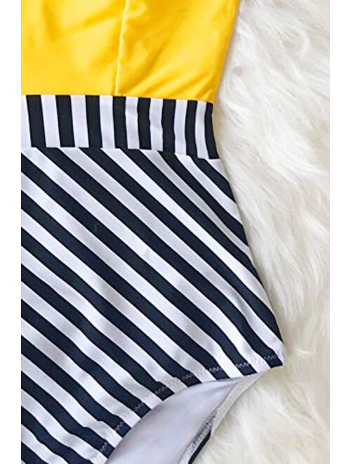 CUPSHE Women's Yellow V Neck and Mini Striped Bottom One Piece Swimsuit