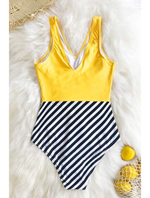 CUPSHE Women's Yellow V Neck and Mini Striped Bottom One Piece Swimsuit