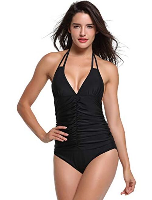 Upopby Women's Halter Push up One Piece Swimsuits Backless Monokini Ruched Tummy Control Bathing Suits Plus Size Swimwear
