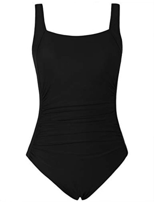 Hilor Women's One Piece Swimsuits Shirred Tank Swimwear Vintage Tummy Control Bathing Suits