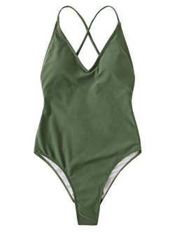 Women's Sexy Bathing Suits Solid Color Criss Cross Open Back One Piece Swimwear