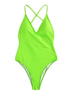 Women's Sexy Bathing Suits Solid Color Criss Cross Open Back One Piece Swimwear