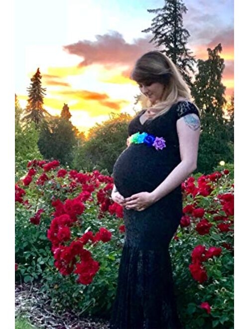 ZIUMUDY Womens Off Shoulder Short Sleeve V Neck Lace Maternity Gown Maxi Photography Dress