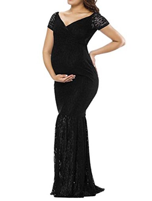 ZIUMUDY Womens Off Shoulder Short Sleeve V Neck Lace Maternity Gown Maxi Photography Dress