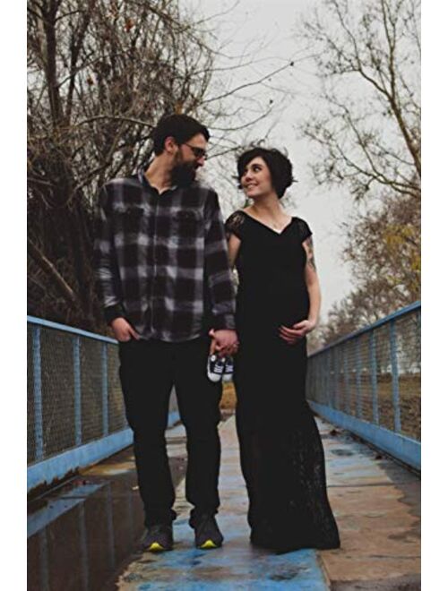 ZIUMUDY Womens Off Shoulder Short Sleeve V Neck Lace Maternity Gown Maxi Photography Dress