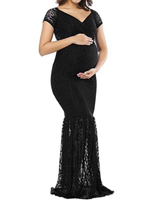 ZIUMUDY Womens Off Shoulder Short Sleeve V Neck Lace Maternity Gown Maxi Photography Dress