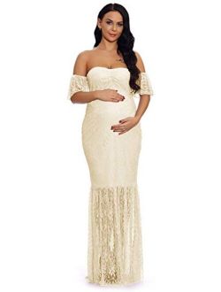 ZIUMUDY Women's Off Shoulder Ruffle Sleeve Lace Mermaid Maternity Baby Shower Gown Maxi Photography Dress