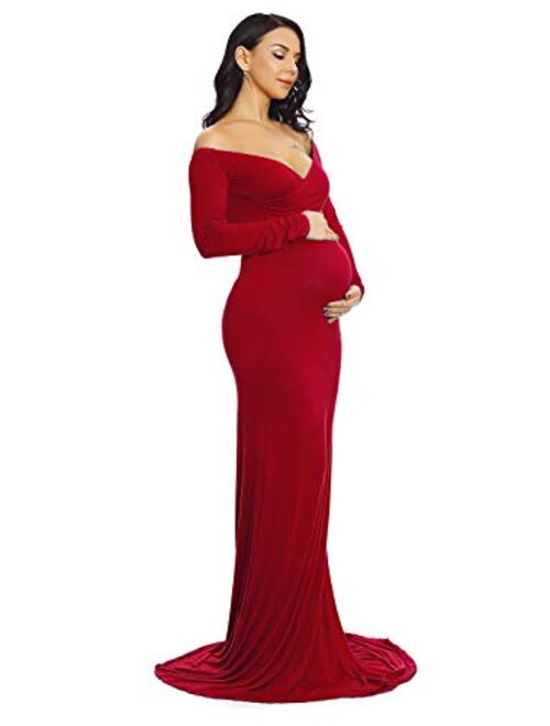 ZIUMUDY Maternity Fitted Gown V Neck Ruched Off Shoulder Long Sleeve Maxi Photography Dress