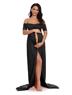 ZIUMUDY Maternity Off Shoulder Wraped Flare Sleeves Maxi Photography Dress Baby Shower Dress