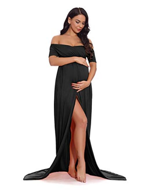 ZIUMUDY Womens Off Shoulder Short Sleeve Maternity Gown Maxi Photography Dress 