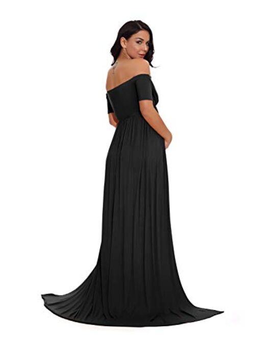 ZIUMUDY Maternity Off Shoulder Wraped Ruched Gown Split Front Maxi Photography Dress