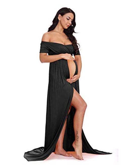 ZIUMUDY Maternity Off Shoulder Wraped Ruched Gown Split Front Maxi Photography Dress