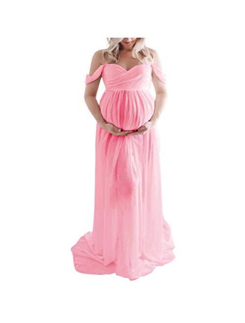 Maternity Dress for Photography Off Shoulder Chiffon Gown Front High Slit Maxi Pregnancy Dresses for Photoshoot