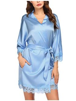 Women's Pure Color Short Satin Kimono Robes with Oblique V-Neck Bridesmaid Wedding Party Dressing Gown XS-XXL