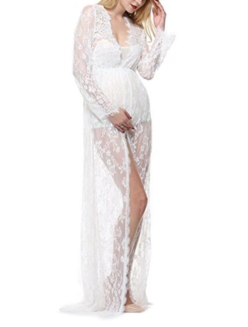 Pregnant Women Photography Lace Dress, White See-Through Maxi Dress with Long Sleeve V-Neck Split Front Lace