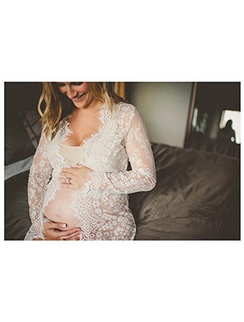 Pregnant Women Photography Lace Dress, White See-Through Maxi Dress with Long Sleeve V-Neck Split Front Lace