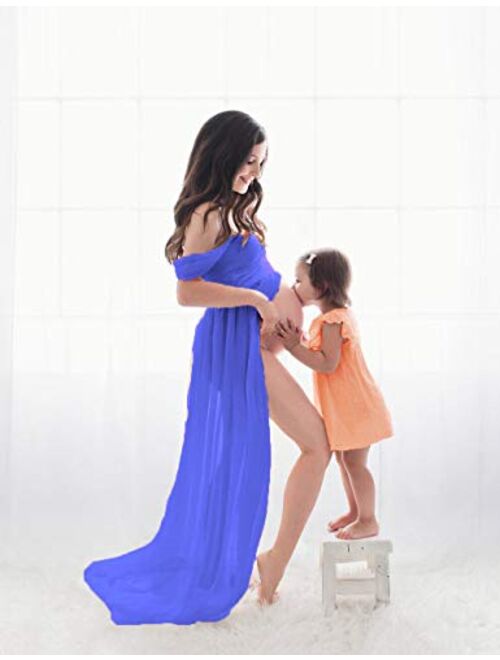 JustVH Maternity Dress for Photography Off Shoulder Chiffon Gown Split Front Maxi Pregnancy Dress for Photoshoot