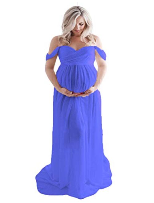 JustVH Maternity Dress for Photography Off Shoulder Chiffon Gown Split Front Maxi Pregnancy Dress for Photoshoot