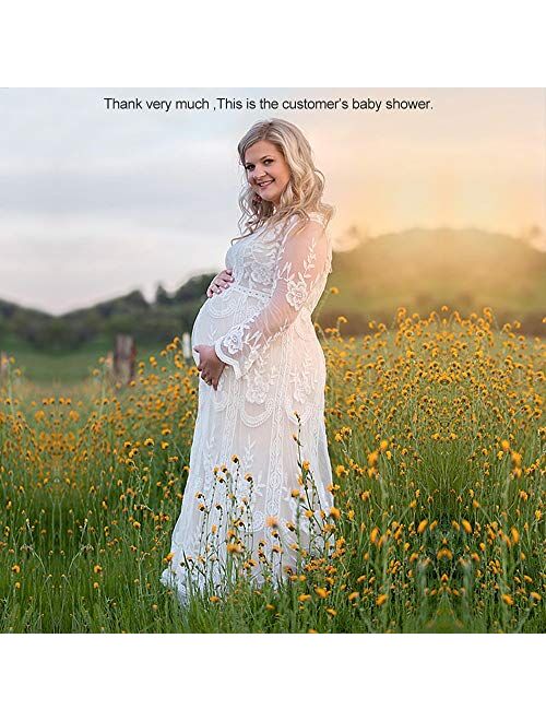 Women's Long Sleeve V Neck White Lace Floral Maternity Gown Maxi Photography Dress