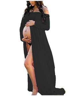 JustVH Maternity Off Shoulder Chiffon Gown Long Sleeve Front Split Maxi Photography Dress
