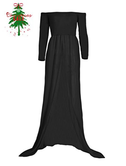 JustVH Maternity Off Shoulder Chiffon Gown Long Sleeve Front Split Maxi Photography Dress