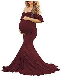 Off Shoulder Ruffle Sleeves Elegant Fitted Maxi Maternity Dress for Photoshoot Baby Shower