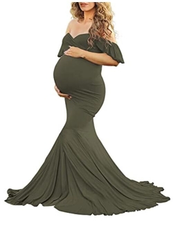 Off Shoulder Ruffle Sleeves Elegant Fitted Maxi Maternity Dress for Photoshoot Baby Shower