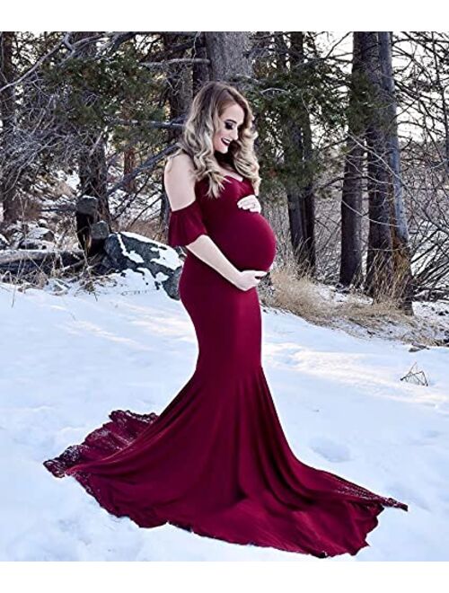 Saslax Women's Off Shoulder Ruffle Sleeve Lace Maternity Gown Maxi Photography Dress 