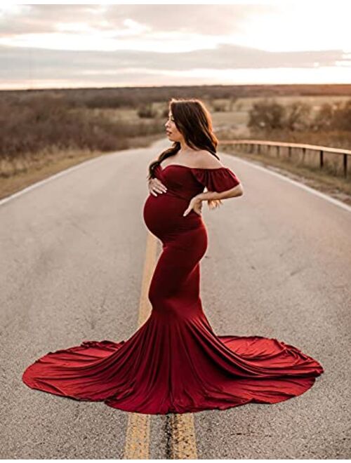 Saslax Off Shoulder Ruffle Sleeves Elegant Fitted Maxi Maternity Dress for Photoshoot Baby Shower