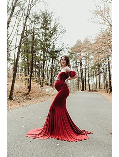Saslax Off Shoulder Ruffle Sleeves Elegant Fitted Maxi Maternity Dress for Photoshoot Baby Shower