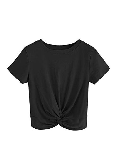 MakeMeChic Women's Summer Crop Top Solid Short Sleeve Twist Front Tee T-Shirt