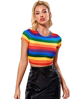 Women's Short Sleeve Striped Crop T-Shirt Casual Tee Tops